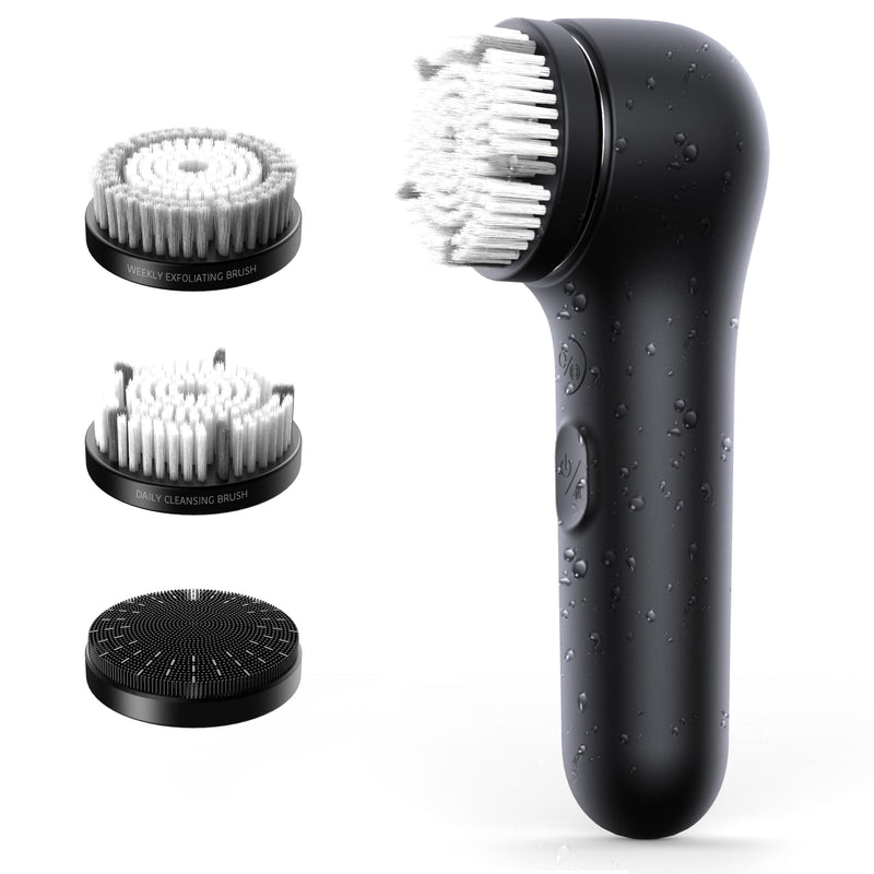 [Australia] - Premium Facial Cleansing Brush,Waterproof Face Scrubber,Spin & Sonic Modes with 3 Intensities,Magnetic 3-Head System for Deep Pore Cleaning, Gentle Exfoliation & Sensitive Skin Care - for Women & Men Black 