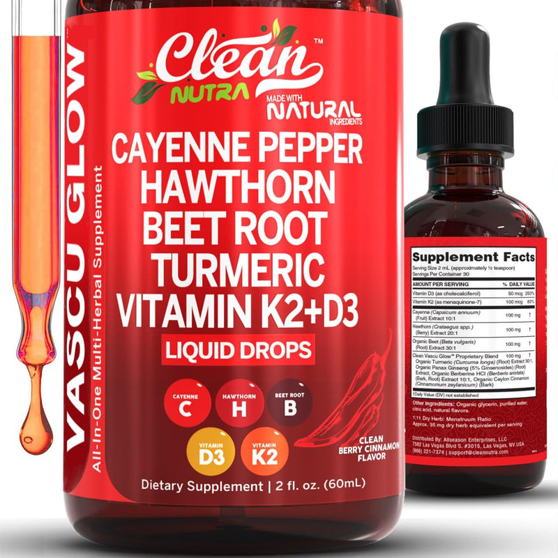 [Australia] - Clean Nutra Cayenne Pepper Drops Supplement Liquid + Hawthorn Berry, Vitamin D3 K2 Beet Root Powder, Ceylon Cinnamon, Turmeric Curcumin, Organic Panax Ginseng, Berberine Extract 1 Pack 