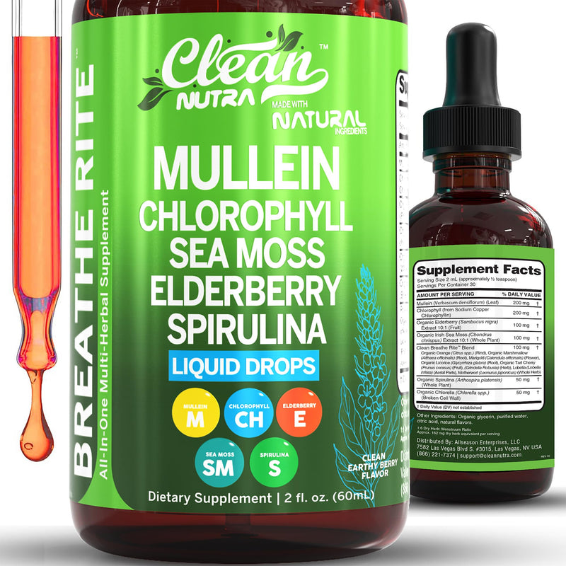[Australia] - Clean Nutra Mullein Drops for Lungs Organic Chlorophyll Liquid Irish Sea Moss, Spirulina, Licorice, Tart Cherry Lobelia, Motherwort & Elderberry Mullein Leaf Extract Tincture Men Women Supplement 