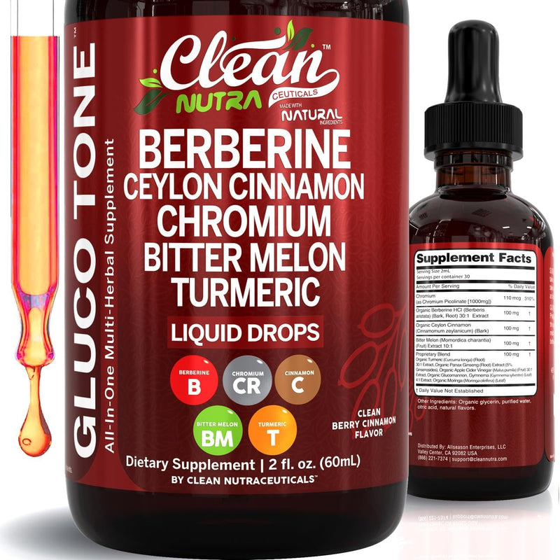 Clean Nutra Berberine with Ceylon Cinnamon Supplement Liquid Drops + Bitter Melon Extract, Glucomannan, Gymnema, Chromium, Turmeric, Organic Panax Ginseng, Moringa 1