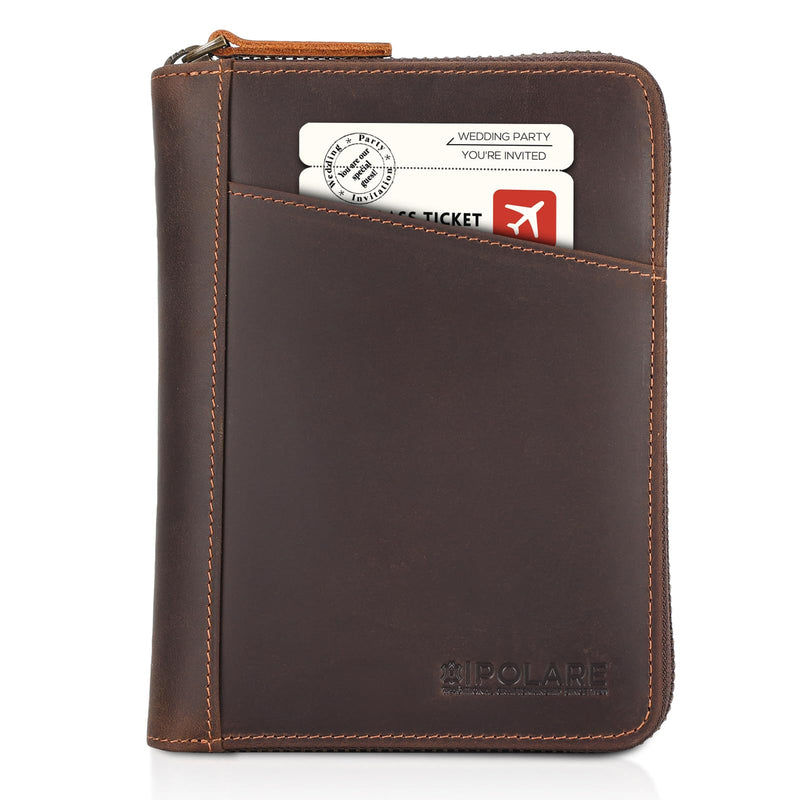 Polare Full Grain Leather Dual Passport Wallet and RFID Blocking Bifold Passport Cover Travel Document Organizer Holder 2 Passports (Dark Brown) Dark Brown