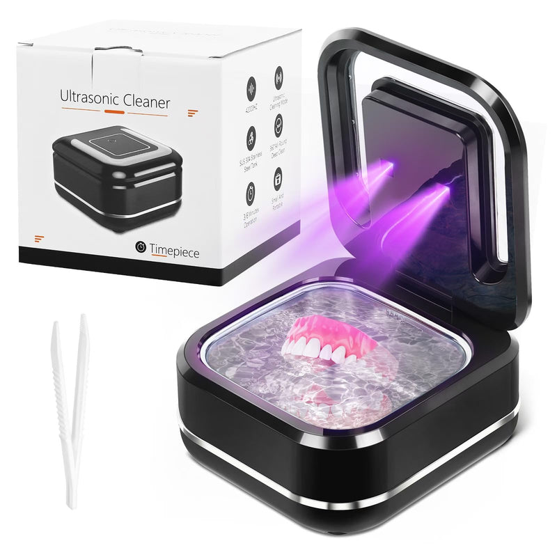 [Australia] - Ultrasonic Retainer Denture Cleaner Machine for Night Guards, Mouth Guards, Jewelry, Braces, 28W Dental Cleaning Pod with Digital Timer, Dual Cleaning Mode, 42kHz, 180ML Black 