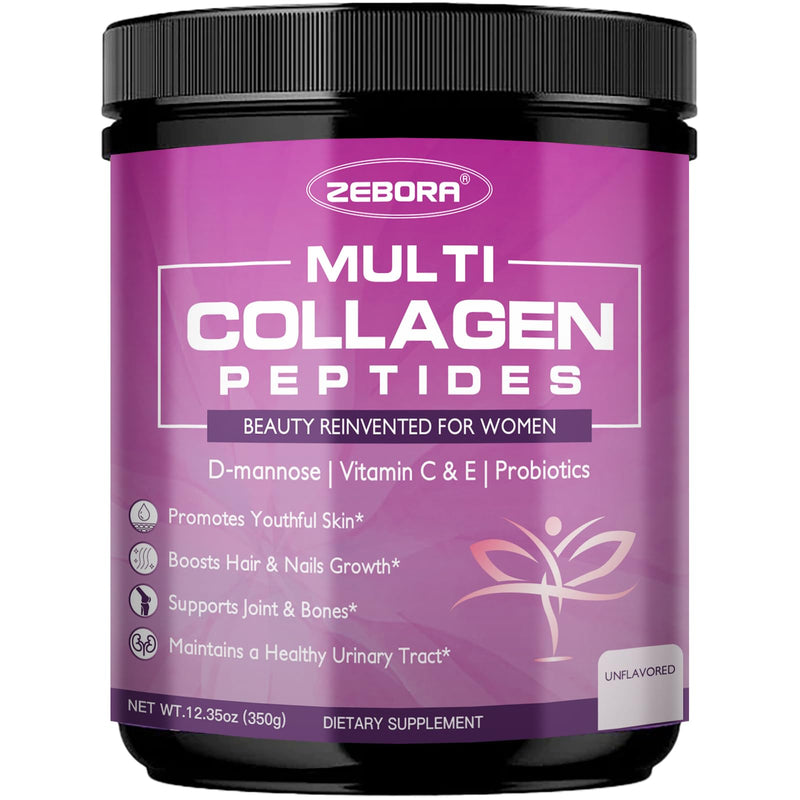 ZEBORA Multi Collagen Peptides for Women, Unflavored, 35 Servings | Hydrolyzed Collagen with D-Mannose and Womens Probiotics, Supports Skin, Hair, Nails, and Urinary Tract Health 12.35 Ounce (Pack of 1)