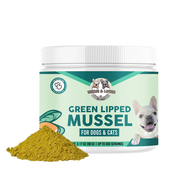 Benji & Louie Green Lipped Mussels Powder for Dogs and Cats 3.17 oz (90g) - 300 Servings - Sourced from USA - Rich in Omega-3 Fatty Acids for Joint, Skin & Coat Health, Made in USA - PawsPlanet Australia