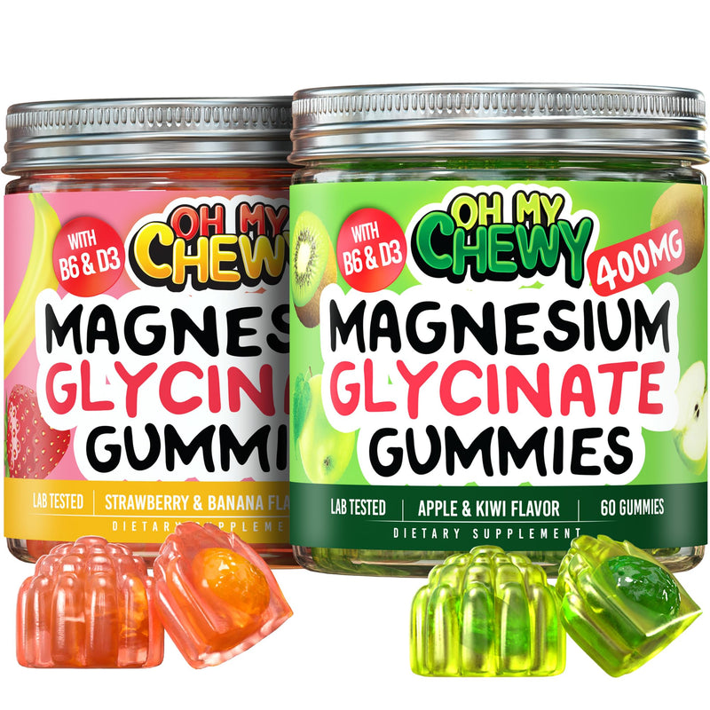 OH MY CHEWY Magnesium Gummies Bundle – 2 Bottles (60 Each) – Strawberry Banana & Apple Kiwi