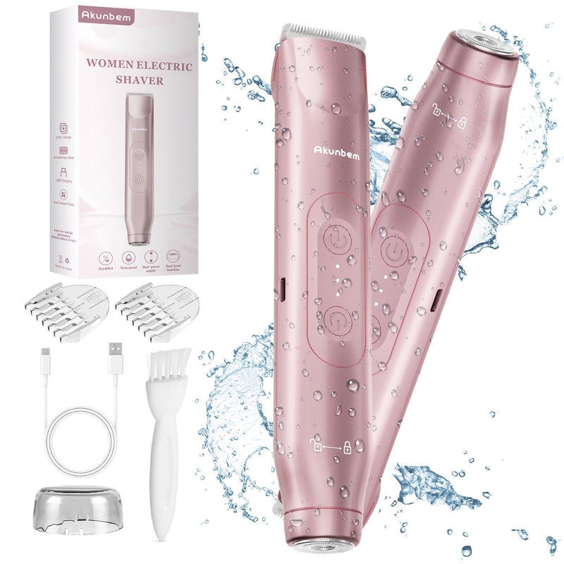 [Australia] - Women Electric Shaver Dual Head Bikini Trimmer for Women IPX7 Waterproof Wet & Dry Use Body Hair Trimmer and Facial Hair Remover for Bikini Underarm Leg Arm Body Face (Pink) Pink 