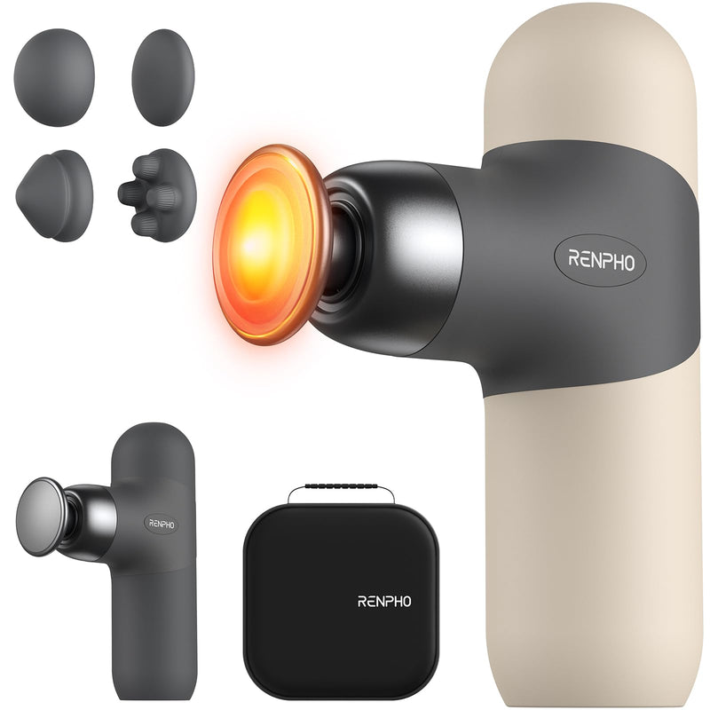 [Australia] - RENPHO Mini Thermal Massage Gun with Heat, Portable Deep Tissue Percussion Massager, Color Silicone Sleeves Travel Size with Carry Case, Grey 
