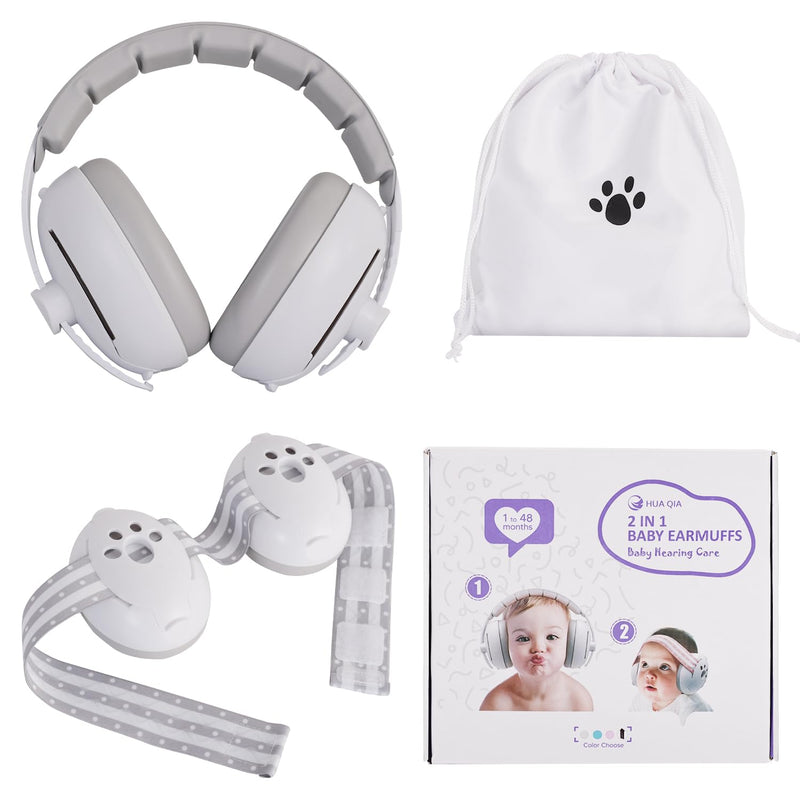[Australia] - 2-in-1 Baby Ear Muffs and Headphones with Adjustable Stretchy Band for Noise Protection White 