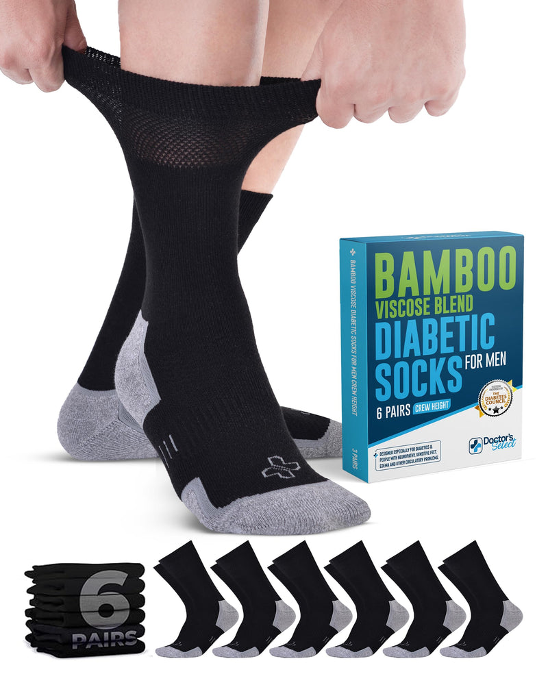 [Australia] - Doctor's Select Bamboo Viscose Black Diabetic Socks for Men - 6 Pairs Crew Stretch Top Mens Diabetic Socks Black - 6 Pairs Large 