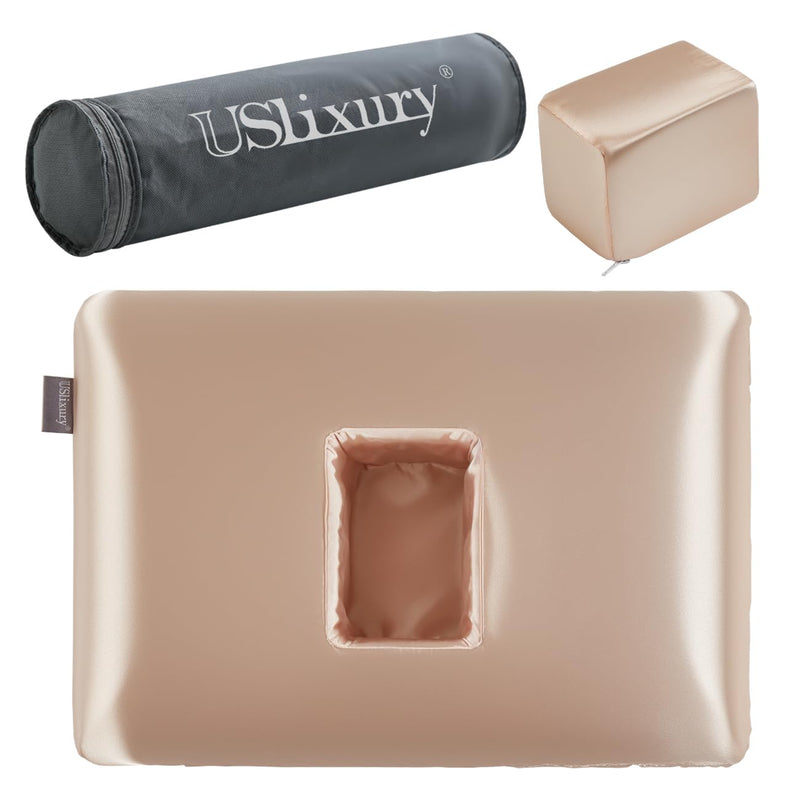 [Australia] - USlixury Piercing Pillow - Ear Piercing Pillow with Foam Plug, 4''H Mini Donut Plilow with 4.7x3.2 Off Center Ear Hole, CertiPUR-US Memory Foam Hole Plilow for Side Sleeper, Satin Cover, Champagne 16"*11"*4" 