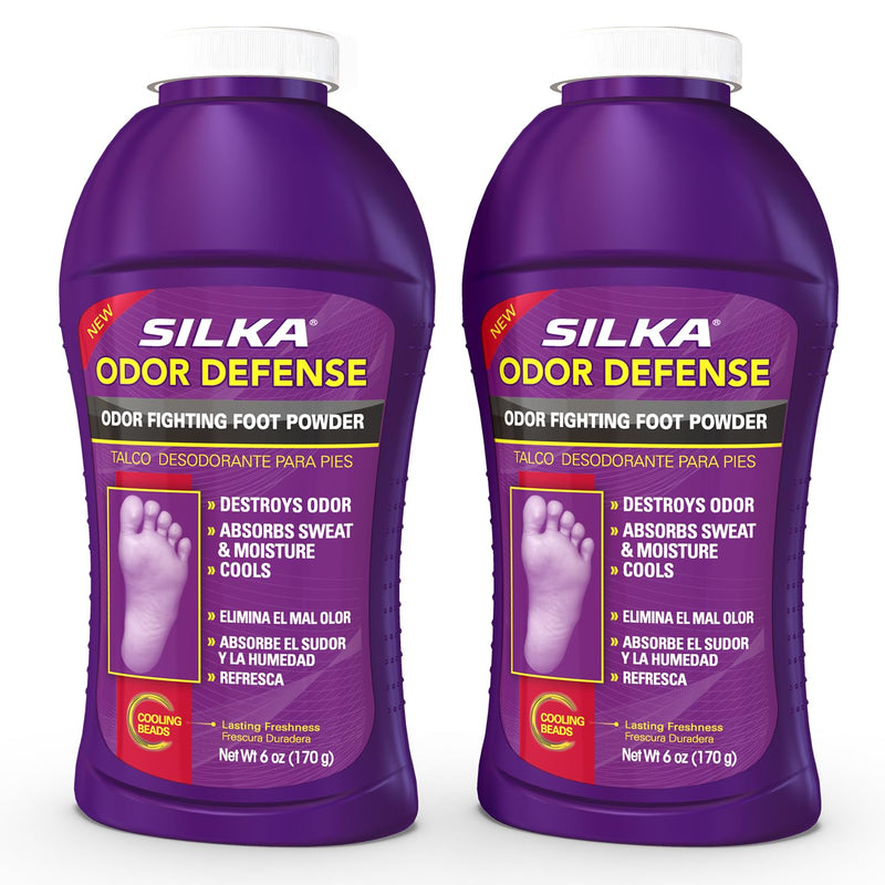 SILKA Odor Fighting Foot Powder & Shoe Deodorizer, 6 Oz, 2 Pk | Corn Starch Powder, Talc & Cooling Beads, for Long Lasting Freshness Feeling, Helps Absorbs Sweat & Excess Moisture
