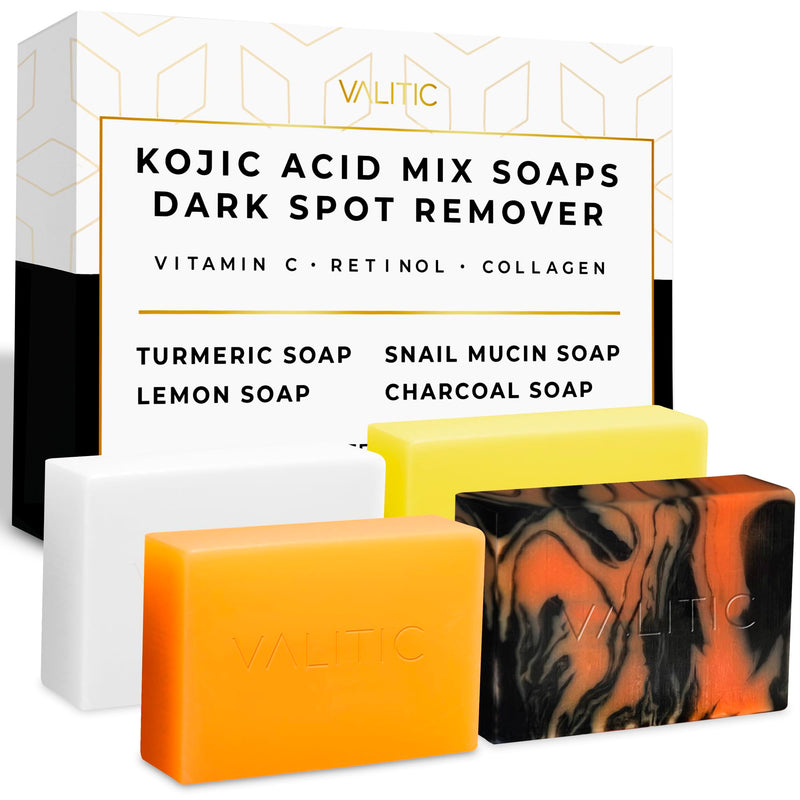VALITIC Kojic Acid Soap Bars - Turmeric, Snail Mucin, Charcoal and Lemon - Holiday Skin Care Beauty Set Gift 4 Assorted Dark Spot Remover Soaps with Hyaluronic Acid, Vitamin C, Vitamin E, Shea Butter Variety Pack