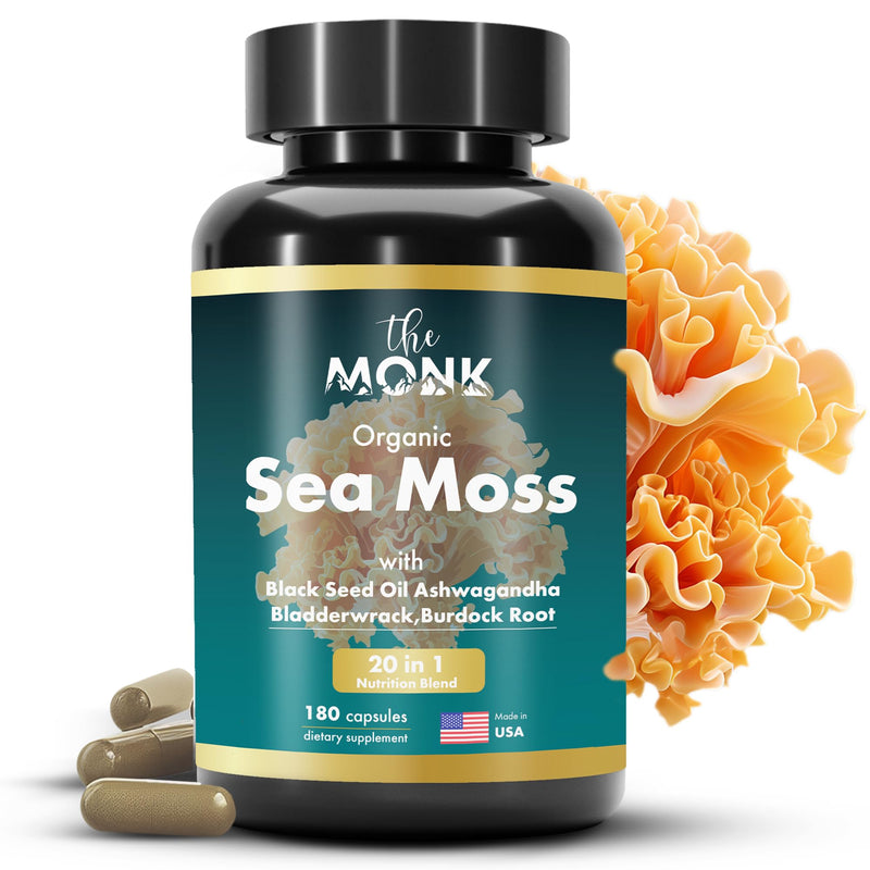[Australia] - Organic Irish Sea Moss Capsules - Advance Formula, Raw Wildcrafted Seamoss Supplement with Bladderwrack and Burdock Root - 180 Pills - Made in The USA 