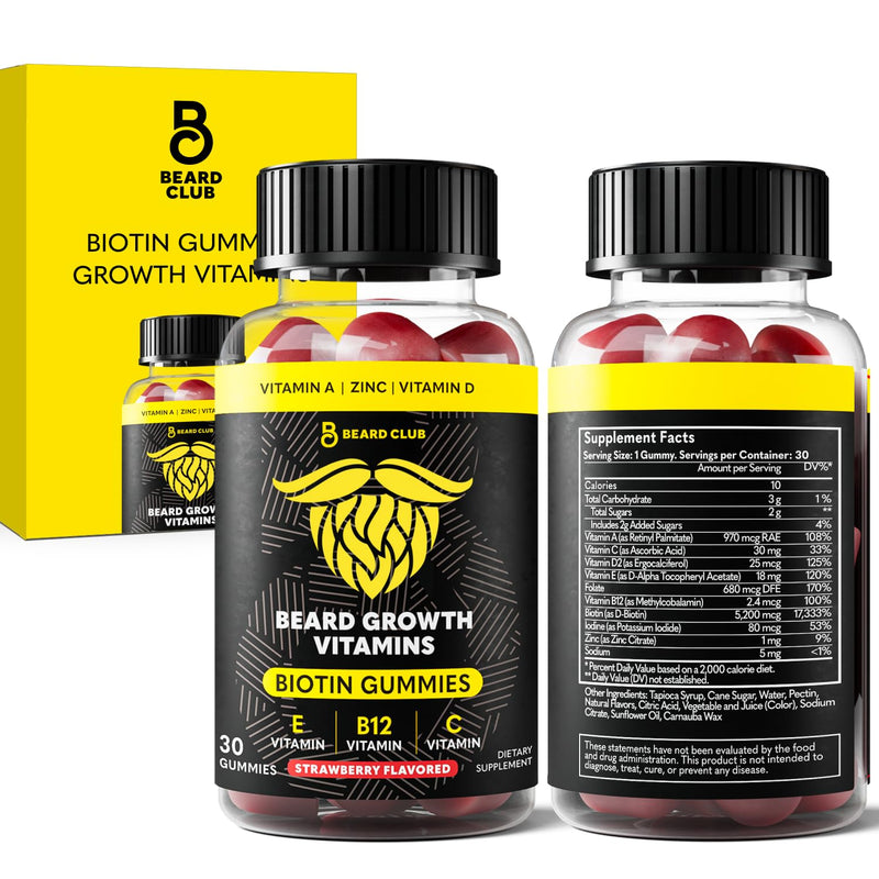 The Beard Club Biotin Beard Growth Vitamin Gummies - Hair Supplement for Men - Vitamins B12, E, & C to Support a Thicker Fuller Looking Facial Hair - Strawberry Gummy Beard Growth Gummies