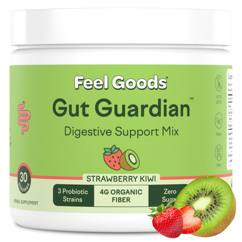 [Australia] - Feel Goods Gut Guardian, Organic Fiber, Probiotic & Prebiotic Powder, Sugar Free, Herbs for Bloat, Gut Health Support, Digestive Health for Men & Women, Non GMO, Vegan, Strawberry Kiwi, 30 Servings 6.5 Ounce (Pack of 1) 