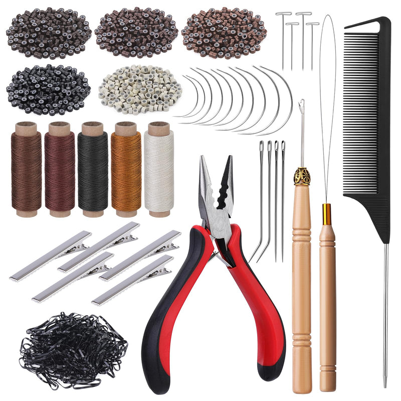 [Australia] - Hair Extension Tools Kit, 5 Colors 1000Pcs Micro Silicone Rings Beads with Hair Extension Remove Pliers, Pulling Hook, Threads, Needle for Hair Extensions Hair Styling 