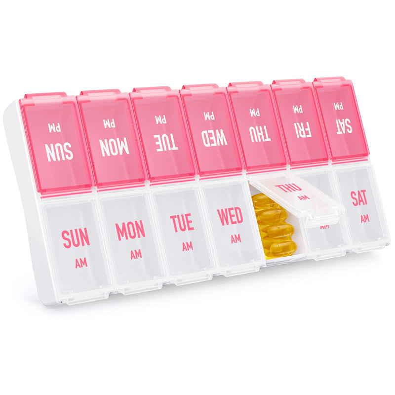 AMOOS Weekly Pill Organizer 2 Times a Day, Large Compartments, BPA-Free | AM PM Pill Box 7 Day in Pink & White, Pill Case Easy to Use, Pill Container for Vitamins, Fish Oils, Supplements, Medicines 01-pink