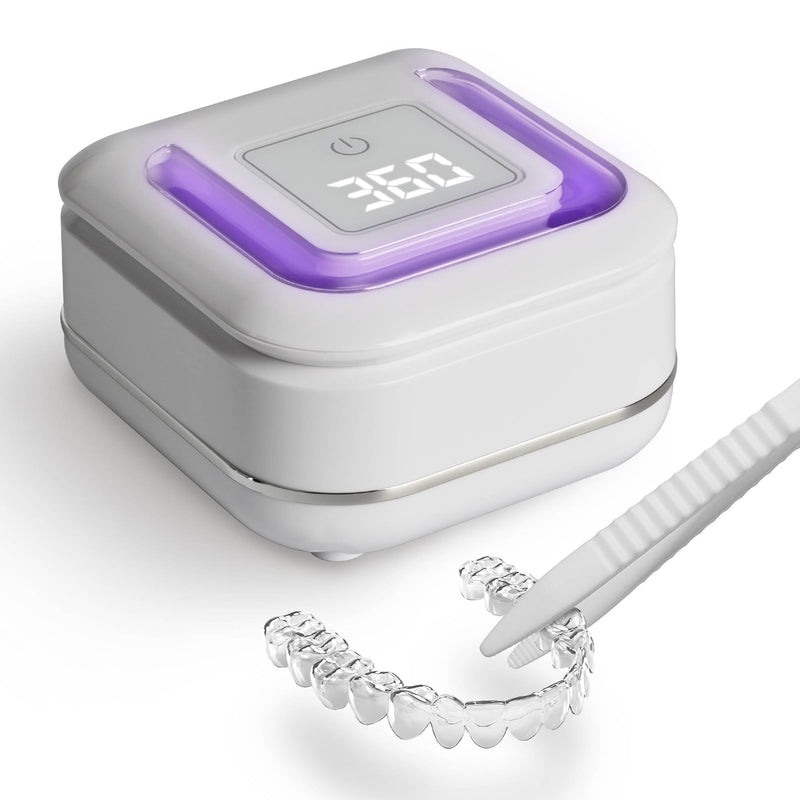 [Australia] - Ultrasonic Retainer Cleaner Machine with 2 Digital Timer, U-V Dental Cleaning Pod with Viewing Port,180ml Portable Denture Cleaner for Mouth Guards, Night Guards, Aligners, Brace, Jewelry, 42kHz White 