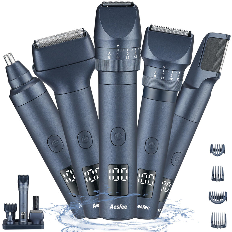 [Australia] - Beard Trimmers Kit for Men Precise Dial Adjustable 20 Lengths, 5-IN-1 Electric Shavers and Hair Clippers Set - Body Nose Ear Mustache Hair Trimmers Razors Waterproof Wet/Dry - USB-C Charging Dock Blue 
