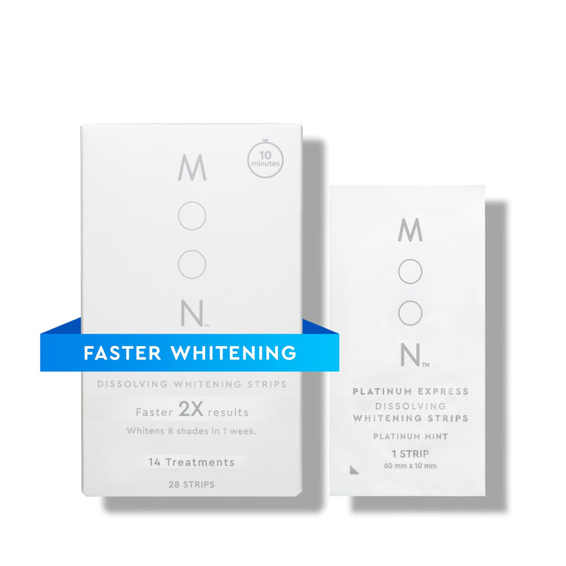 MOON Dissolving Teeth Whitening Strips, 28 Platinum Express No Rinse White Strips, Winter Mint, Hydrogen Peroxide & Essential Oils, Whiten Sensitive Teeth up to 8 Shades in 1 Week, Travel Essentials