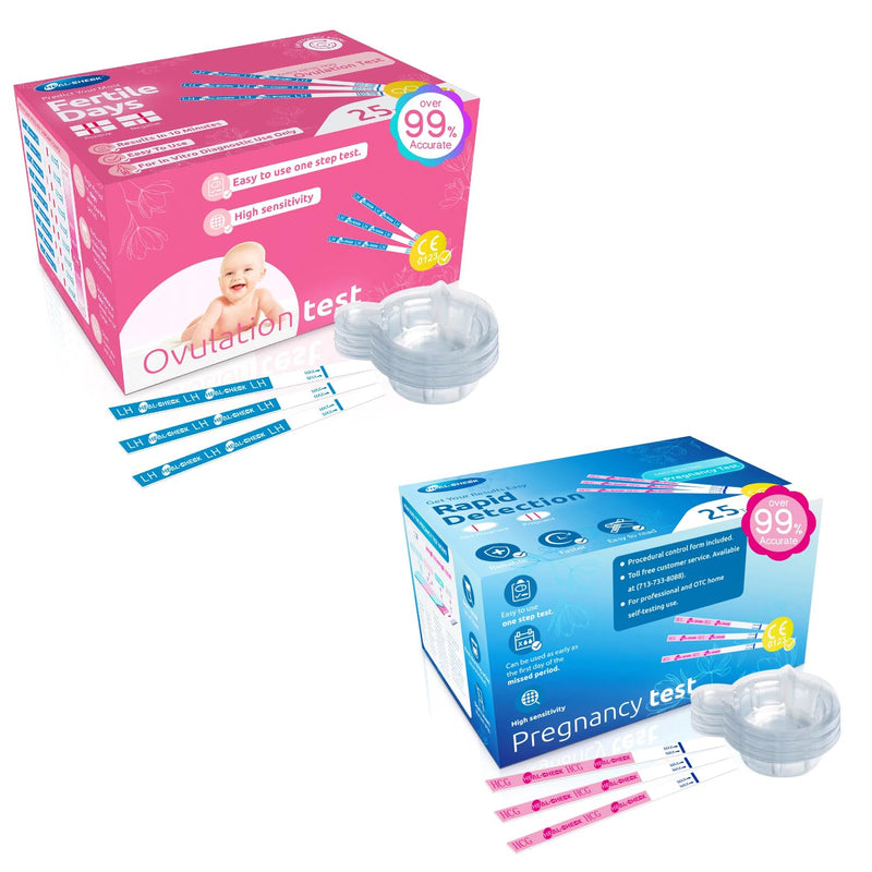 HEAL-CHECK Ovulation Test Strips 25 and Pregnancy Tests 25, Bulk Ovulation Predictor Kit for Women TTC, Over 99% Accuracy, Easy to Use at Home, Individually Wrapped, FSA HSA | 25LH+25HCG+50 Urine Cups