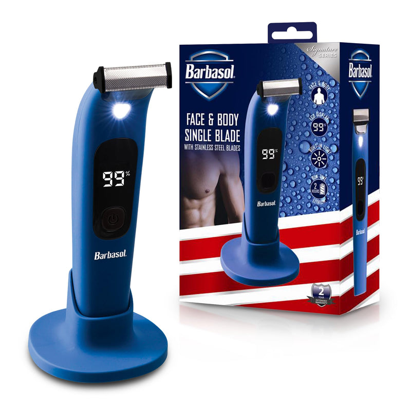 [Australia] - Barbasol Face and Body Shaver, Hybrid Face and Body Single Blade Shaver, Rechargeable with a 2 Hour Run Time, Wet or Dry Shave, LED Screen, Built in Light, Stainless Steel 