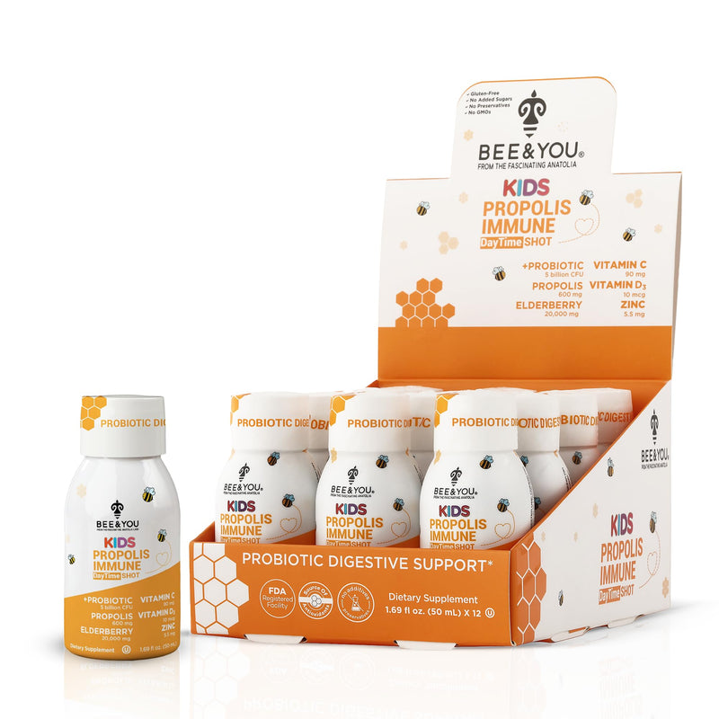 Bee and You Kids Propolis Immune Day Time Shot - Probiotic, Vitamin C, Vitamin D3, Zinc, Immune Support, Gut Health, Digestive Health, 1.69 Fl. oz, 12 Pack Elderberry