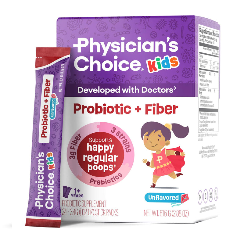 Physician's Choice Kids Probiotic + Prebiotic Fiber Packets (Ages 1+) - Supports Regularity, Occasional Constipation & A Healthy Digestive System - No Allergens or Preservatives - Unflavored - 24 Pack 24 Count (Pack of 1)