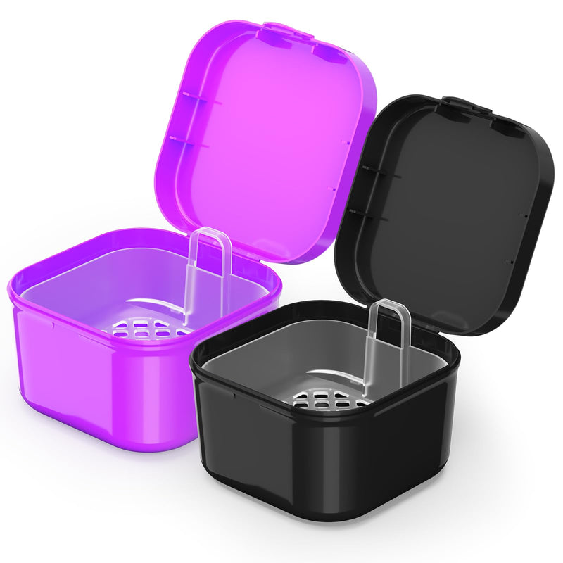 [Australia] - 2 Pack Denture Bath Case and Retainer Case Denture Cups for Soaking Dentures Holder False Teeth Container Mouth Guard Storage Case Cleaning Purple+Black 