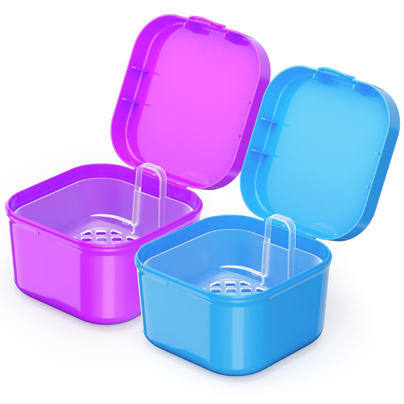 Denture Cup Retainer Cleaning Case Denture Soaking Container with Strainer Basket Dentures Mouthguard Storage Holder Dentures, Clear Braces, Mouth Guard, Night Guard & Retainers for Travel Cleaning Purple+Blue