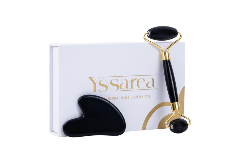 [Australia] - Yssarea Obsidian Roller and Gua Sha - Face Roller | 100% Natural Obsidian Stone Set | Dual Sided Face Massager | Reduces Signs of Aging 