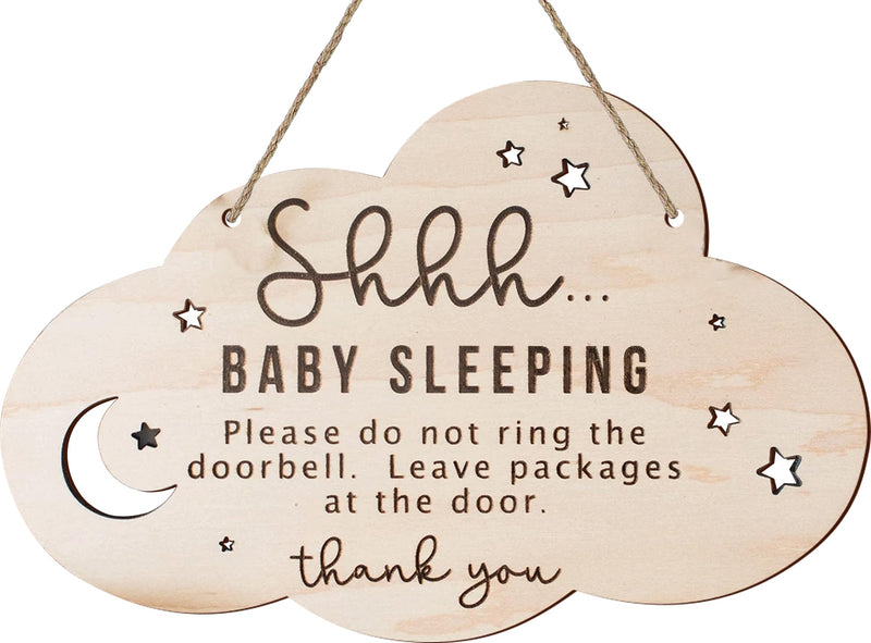 [Australia] - 2pcs Wooden Baby Sleeping Hanging Sign Plaque, Do Not Knock Or Ring The Bell, Round Wooden Door Hanger for Baby Room, Nursery, Front Door, Door Knob Decor (Cloud) Cloud 