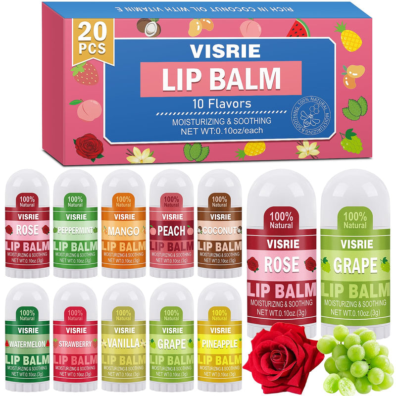 20 Pack Mini Lip Balm Bulk, 10 Assorted Flavors, 0.1oz | Natural, Vitamin E & Beeswax, Moisturizing Lip Care for Dry Cracked Lips, Perfect for Care Packages & Small Gifts 20 Count