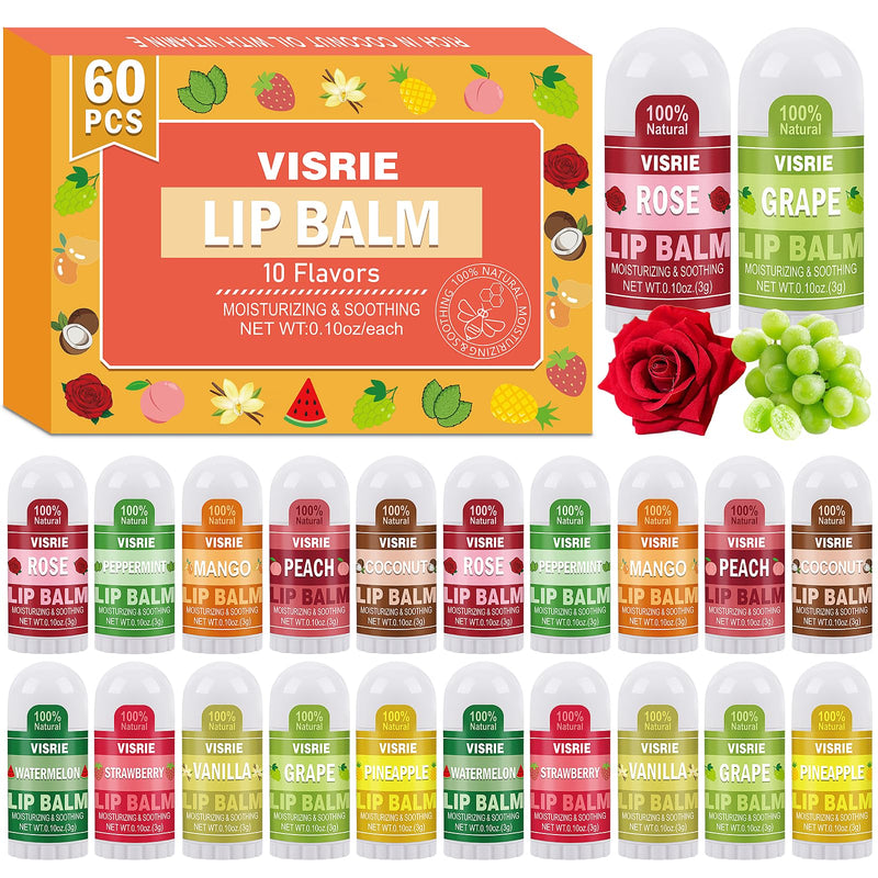 60 Pack Mini Lip Balm Bulk, 10 Assorted Flavors, 0.1oz | Natural, Vitamin E & Beeswax, Moisturizing Lip Care for Dry Cracked Lips, Perfect for Care Packages & Small Gifts 60 Count
