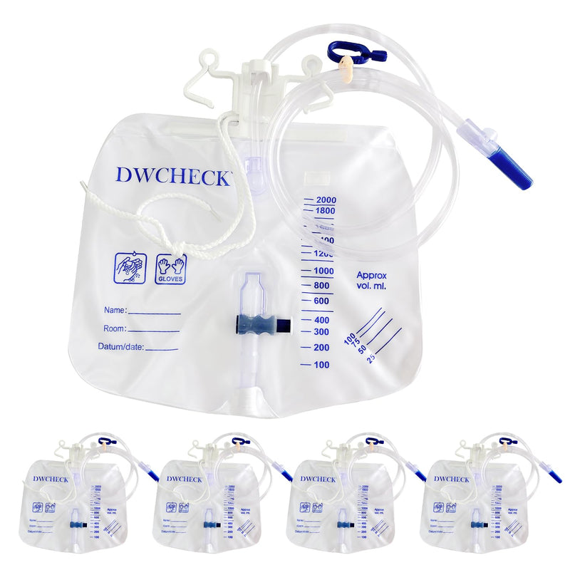 [Australia] - 5 Pack Urinary Drainage Bag with Anti-Reflux Chamber,2000mL Urine Bags with 48" Tube Drainage,Splash-Resistant Drain Spout,Clips and Hanging Hook,Disposable Urine Bags for Men 5 Pack 