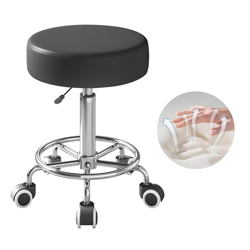 [Australia] - Rolling Stool, Heavy Weight Capacity 250lb, PU Leather Rolling stools, Ultra Soft Padded Seat, Rolling Stools with Wheels and Footrest, 360¬∞ Swivel, Spa Drawing Salon Work Office Tattoo Stool (black) Black 