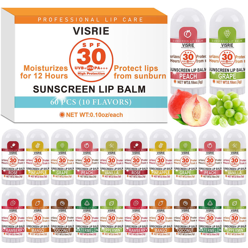 VISRIE SPF 30 Mini Lip Balm 60 Count, 10 Flavors | Broad Spectrum UVA/UVB Lip Sunscreen, Protects Dry Cracked Lips with Vitamin E and Coconut Oil
