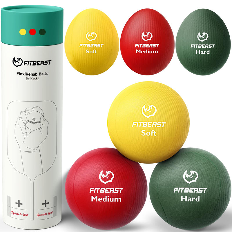 [Australia] - FitBeast Stress Balls for Adults, 6-Pack Hand Therapy Balls, Soft, Medium, Hard Tri-Density, Green, Orange, Blue 6 Piece Set - Sunburst, Crimson, Forest 