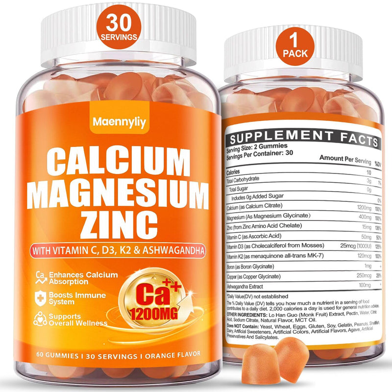 Calcium 1200 mg with Vitamin D3 for Adults - Calcium Citrate Gummies | with Vitamin D3, K2, Magnesium, Zinc, Boron, Copper and Ashwagandha - Extra Absorption Calcium Supplement for Women Men Orange 60 Count (Pack of 1)