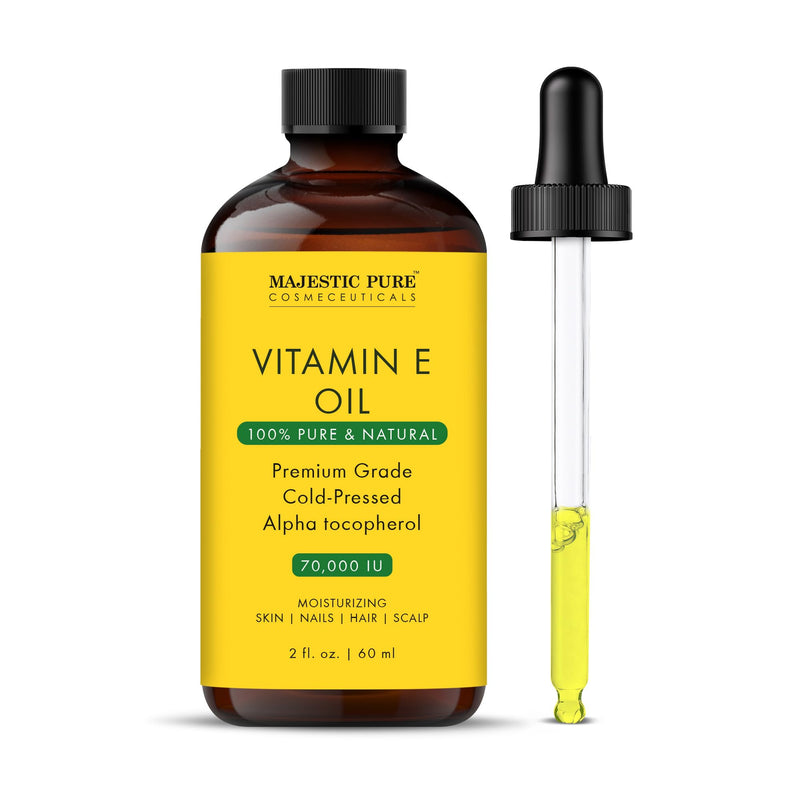 Majestic Pure Vitamin E Oil 100% Pure & Natural Body Oil - 2 Fl Oz | Ideal for Skin, Nails, Face Oil, Hair Oil - 70,000 IU- Cold Pressed Hexane Free Non-GMO Gluten Free Formula 2 Fl Oz (Pack of 1)