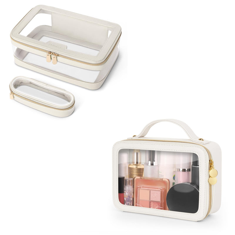 Soimeat Travel Clear Makeup Bag with Makeup Brush Bag, Leather Makeup Case Toiletry Bag, Portable Cosmetic Bag Case, Transparent Waterproof Cosmetic Organizer Storage Bag for Women,