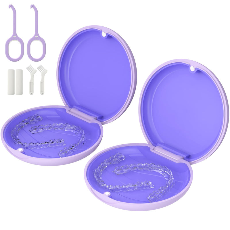 [Australia] - 2 Pack Retainer Case, Slim Aligner Case, Compatible with Invisalign, Mouth Guard Case, Cute Orthodontic Retainer Case with Retainer Removal Tool and Brush, Purple 2Pack-Purple 