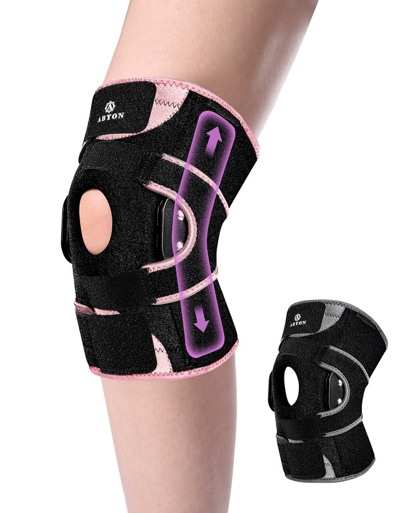 [Australia] - ABYON Hinged Knee Brace for Men & Women Meniscus Tear, ACL/MCL Pain, Arthritis - Maximum Knee Support with Metal Side Stabilizers, Adjustable 360° Wraparound Strap for Knee Pain and Post-Surgery Recovery - Please Check How To Size Video Large Black-Pink 