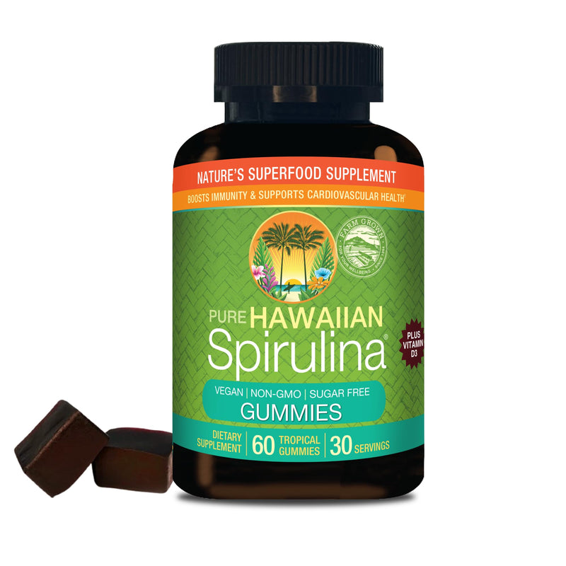 Nutrex Hawaii Pure Hawaiian Spirulina Gummies, Sugar-Free, Vegan, 60 Count | Spirulina Farm Grown in Kona, Hawaii, Superfood Supplement w/ Vitamin D3, Non-GMO, Glyphosate Residue Free, 3rd Party Tested 60 Count (Pack of 1)