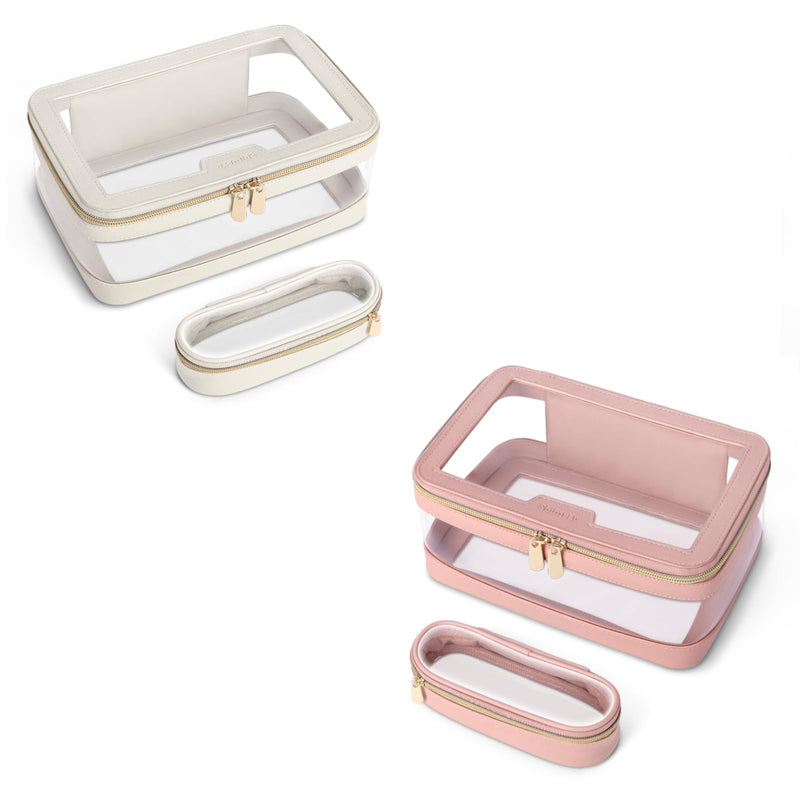 Soimeat Travel Clear Makeup Bag with Makeup Brush Bag, Leather Makeup Case Toiletry Bag, Portable Cosmetic Bag Case, Transparent Waterproof Cosmetic Organizer Storage Bag for Women