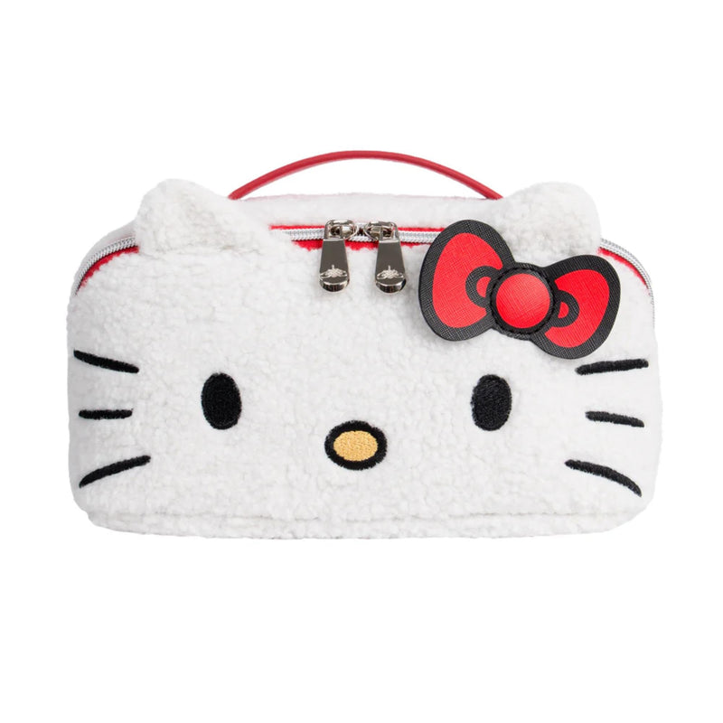 Impressions Vanity Hello Kitty Unfold Travel Makeup Bag Organizer, Opens Flat Zippered Cosmetic Bag with Cozy Sherpa Fabric Texture, Dual Compartments, Inner Pockets, Top Carrying Handle White (Hello Kitty)
