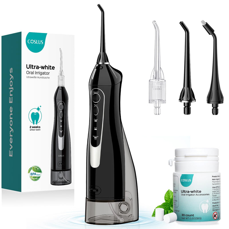 [Australia] - COSLUS Water Flosser Pick with 30pcs Whitening Mint Flavor Refill Combo for Teeth, Braces, Gums Care - Easy to Use, Portable for Coffee Lovers & Travel, Rechargeable, BPA-Free, Black, W40(F5020E) 
