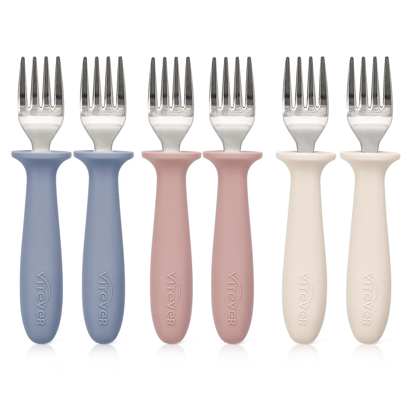 [Australia] - 6 Pieces Toddler ForksÔºåKids Safe Utensils Set with Silicone Round Handle for Self FeedingÔºå18/8 Stainless Steel Baby ForksÔºåChildren's Silverware Set BPA Free, Dishwasher Safe Red/Blue/White 