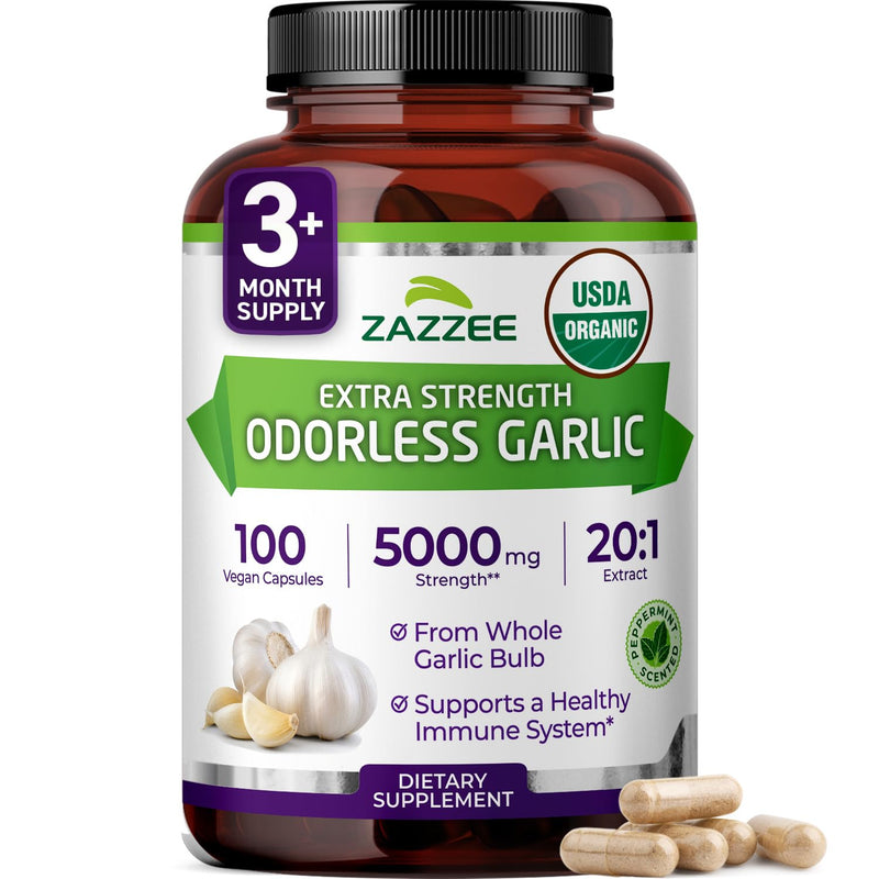[Australia] - Zazzee USDA Organic Odorless Garlic 20:1 Extract, 5000 mg Strength, 100 Vegan Capsules, 3+ Month Supply, Standardized, Concentrated 20X Extract, 100% Vegetarian, All-Natural, Non-GMO, Made in The USA 