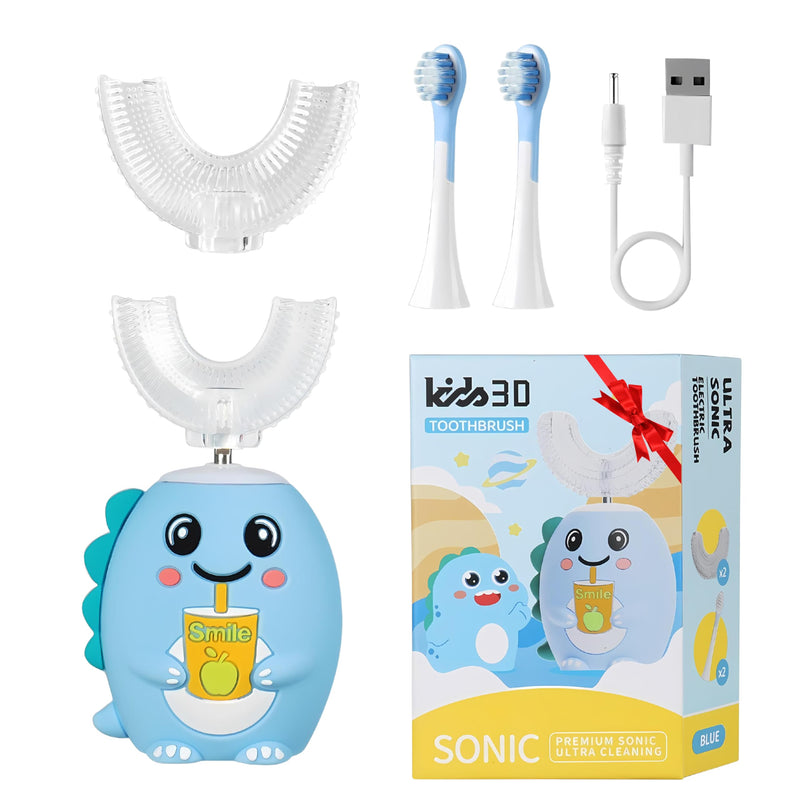 [Australia] - LOOT Kids U Shaped Electric Toothbrush with 4 Brush Heads, 5 Cleaning Modes, Sonic Toothbrush Kids with 60s Smart Reminder, Cartoon Dinosaur 360-Degree Cleaning IPX7 Waterproof Design (Blue, 2-6) Blue 1 Count (Pack of 1) 